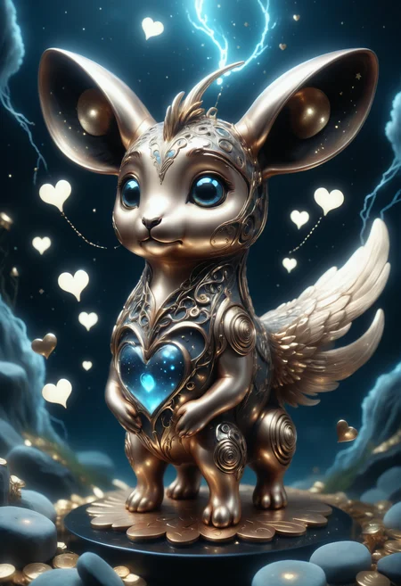 a cute zhibi domestic animal <lora:zhibi:0.8> made out of Jed-ANC <lora:ArtNouveauCopperStyle:0.9>, cuteness overload, surrounded by stardust and floating hearts <lora:heartmiststyle:0.5> in a starLS fantasy landscape <lora:stardustlandscapes-000006:0.7>,3D game art, surreal, close up, hurricane, sharp and in focus, fine art, fearful, miniaturecore, ektachrome, intricate, enhanced quality, cinematic atmosphere, holy, highly complex, gorgeous
