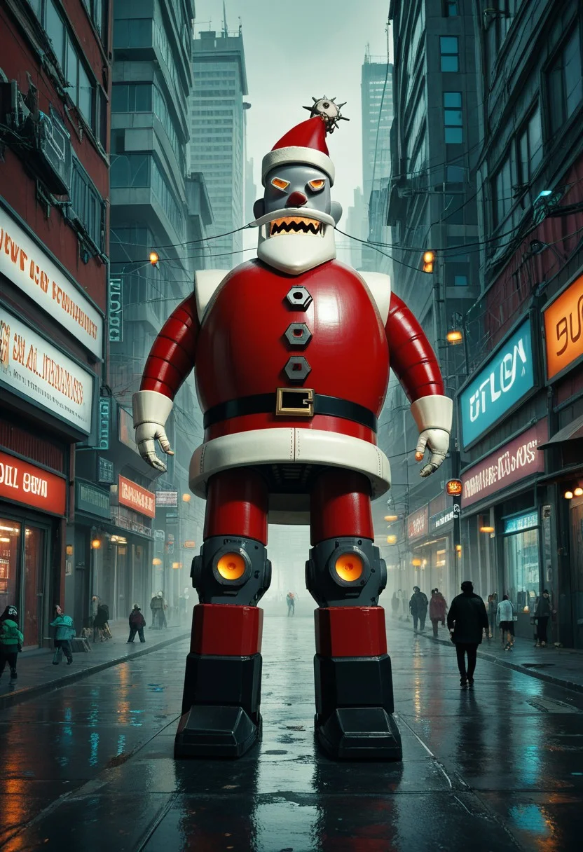 score_9, score_8_up, score_7_up, r0b0t_s4nta_c1aus 1Santa and a robot,
hyper-detailed linework, intricate compositions, dynamic perspectives, dystopian themes, chaotic energy, industrial settings, graphic violence, bold contrasts, surreal elements, mechanical complexity, expansive cityscapes, sci-fi influences, visual overload, realistic textures, maximalist comic art style.