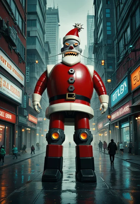 score_9, score_8_up, score_7_up, r0b0t_s4nta_c1aus 1Santa and a robot,
hyper-detailed linework, intricate compositions, dynamic perspectives, dystopian themes, chaotic energy, industrial settings, graphic violence, bold contrasts, surreal elements, mechanical complexity, expansive cityscapes, sci-fi influences, visual overload, realistic textures, maximalist comic art style.