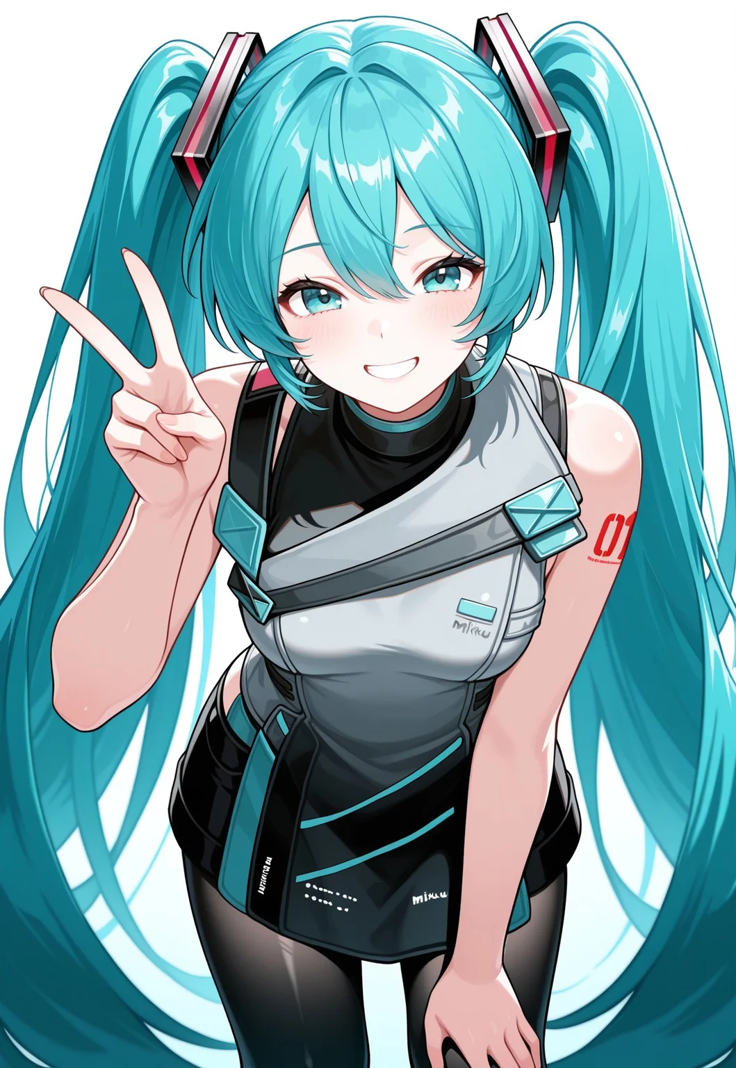 masterpiece, best quality, good quality, very aesthetic, absurdres, newest, 8K, focused subject BREAK 1girl, cowboy shot, smile, grin, hand on knee, smile, looking at viewer, hatsune miku, v, peace sign, elmodorm, sleeveless, zipper