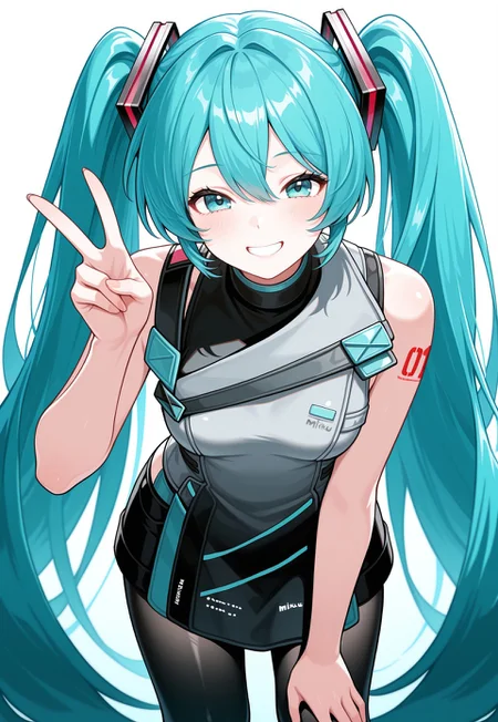 masterpiece, best quality, good quality, very aesthetic, absurdres, newest, 8K, focused subject BREAK 1girl, cowboy shot, smile, grin, hand on knee, smile, looking at viewer, hatsune miku, v, peace sign, elmodorm, sleeveless, zipper