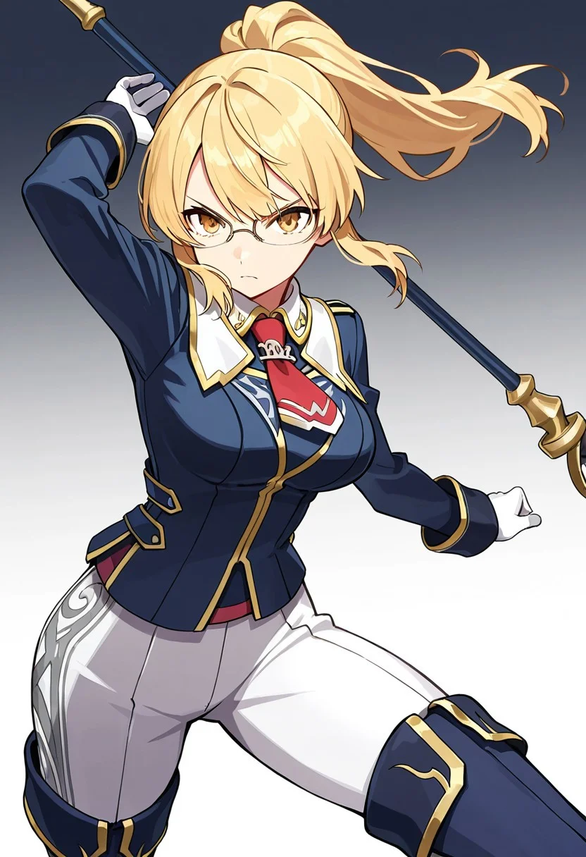 (score_9, score_8, score_7),masterwork, masterpiece, best quality, blonde hair, ponytail, glasses, sharp eyes, serious expression, navy blue military uniform, gold trim, white high-waisted pants, red ribbon necktie, silver brooch, armored gloves, long-sleeved jacket, high boots, vertical stripe pattern pants, dark blue boots with gold edges, white gloves, staff weapon,dynamic pose,fighting pose