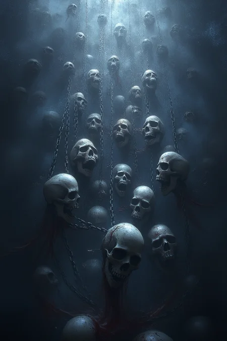 ahx,This is a very detailed digital artwork in a dark fantasy style,a painting of skulls floating under a veil trying to escape out,a fine art painting,cgsociety,fantasy art,detailed painting,concept art,artstation hd 5,
