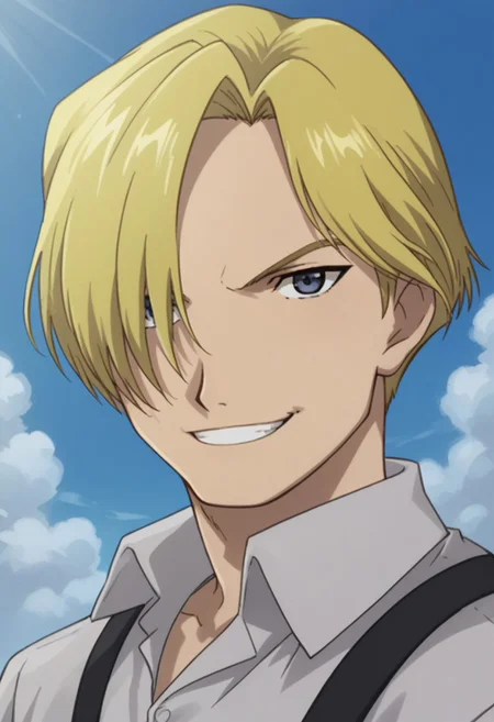 score_9, score_8_up, score_7_up, source_anime, highly detailed,
russelltringham,
1boy, solo, male focus, blonde hair, blue eyes, smile, hair over one eye, grin,
parody, looking at viewer, upper body
outdoor, sky,