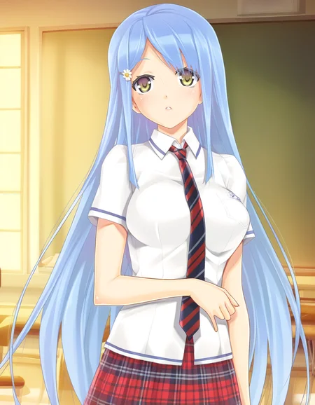sawatari suzuku, hazel eyes, blue hair, flower hairpin, sidelocks, very long hair, large breasts, biman2 school uniform, short sleeves, plaid necktie, red plaid skirt, classroom, parted lips, solo <lora:Biman Adam-000063:1>