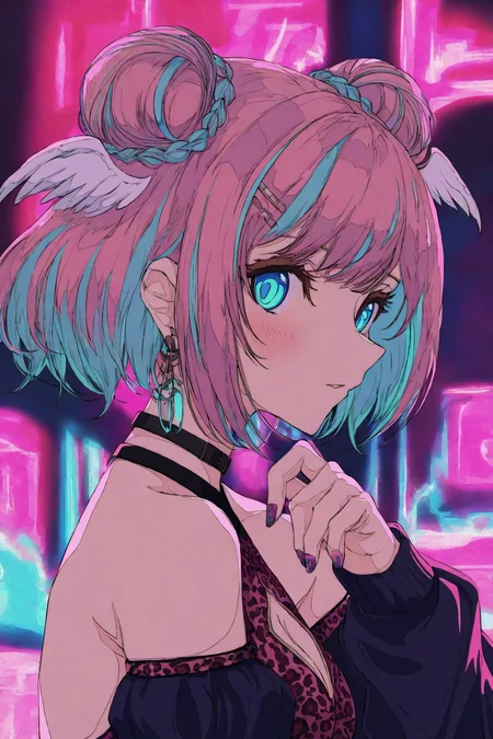 1girl,
solo, hair ornament, looking at viewer, wings, hair bun, braid, earrings, hairclip, blue hair, neon lights, jewelry, double bun, upper body, blue eyes, detached sleeves, multicolored hair, breasts, bare shoulders, from side, animal print, nail polish, parted lips, streaked hair, choker, blush, head wings, black choker, cleavage, pink hair, virtual youtuber, medium breasts, braided bun, two-tone hair, long sleeves, short hair, leopard print,
.
masterpiece, best quality, very aesthetic, absurdres
<lora:ç¦è¶forNoob:0.95>