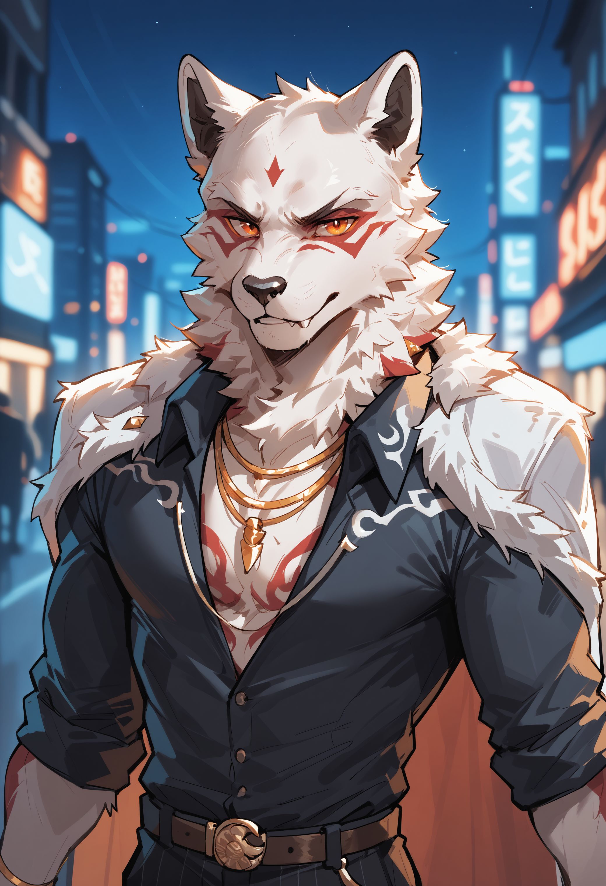 score_9, score_8_up, score_7_up, score_6_up, high res, best quality, f1etcher_k4ne, 1boy, male focus, solo, furry, furry male, orange eyes, white fur, jewelry, cape, night city, blurry background, neon glow, <lora:Fletcher_Kane_Fortnite:1>