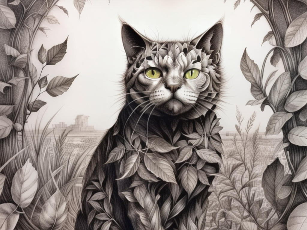 <lora:sur-mono_XL:1>, sur-mono_XL, monochrome, line sketch, surrealistic, cat covered in translucent leaves, looking at viewer, no humans, animal, animal focus, whiskers,