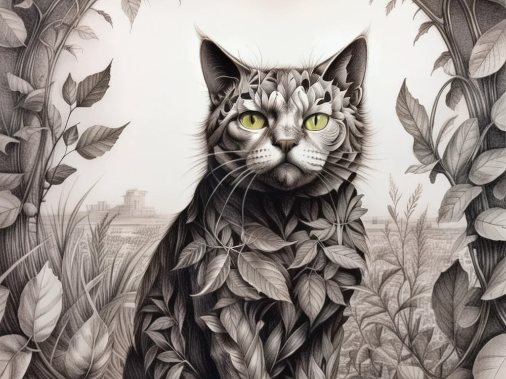 <lora:sur-mono_XL:1>, sur-mono_XL, monochrome, line sketch, surrealistic, cat covered in translucent leaves, looking at viewer, no humans, animal, animal focus, whiskers,