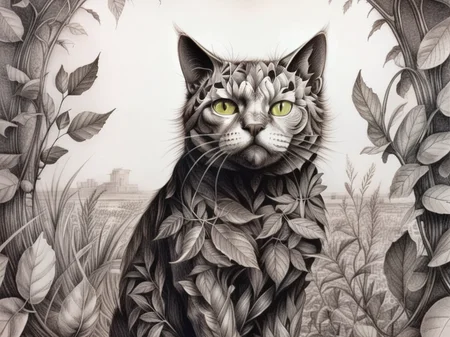 <lora:sur-mono_XL:1>, sur-mono_XL, monochrome, line sketch, surrealistic, cat covered in translucent leaves, looking at viewer, no humans, animal, animal focus, whiskers,