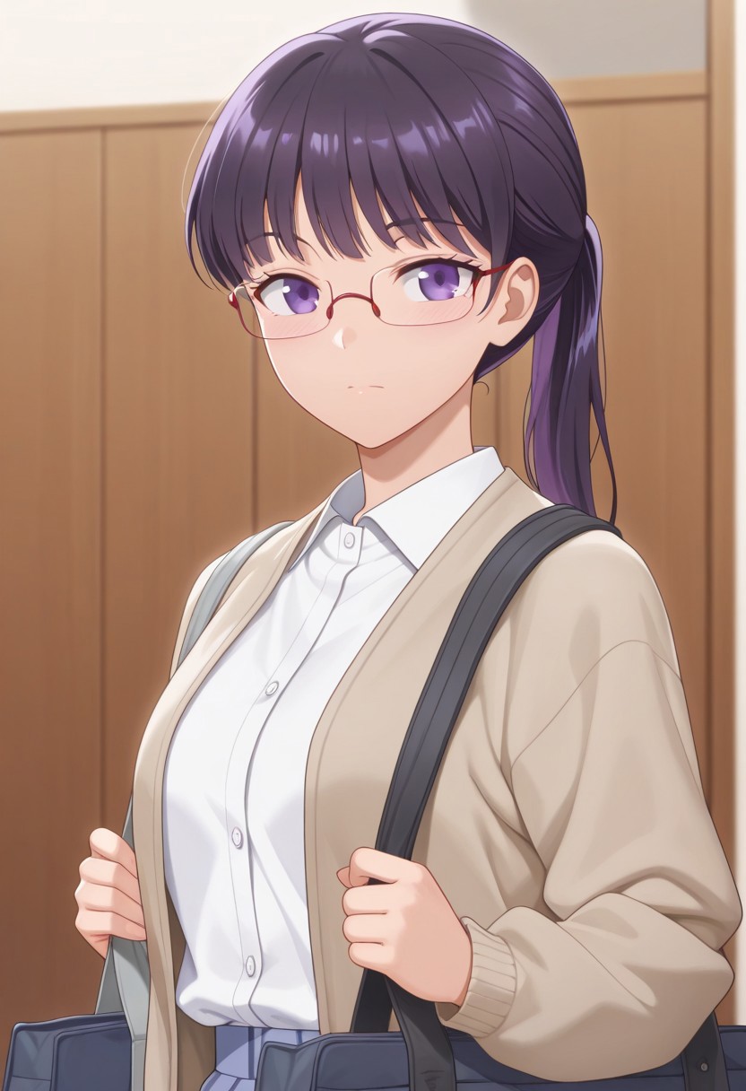 masterpiece,best quality,amazing quality, morizono maria, long hair, purple hair, purple eyes, 1girl, solo, glasses, looking at viewer, bag, ponytail, shirt, upper body, red-framed eyewear, cardigan, closed mouth, white shirt, semi-rimless eyewear, jacket