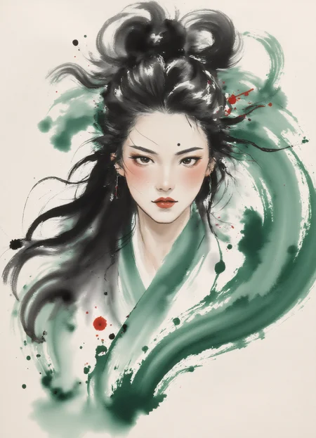 zydInk, , Chinese girl with long hair, dynamic pose. stern and intense expression, with a furrowed brow and narrowed eyes. abstract and dynamic background, colorful swirling ink strokes, dark green and black, motion and energy around the figure.