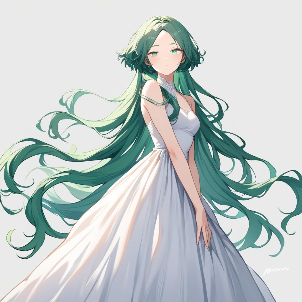 score_9, score_8_up, score_7_up, simple background, hair flowing over, 
1girl, jfcut, long hair, dress, green hair, parted bangs, 
 <lora:jellyfish_haircut_pony_v1:0.6>