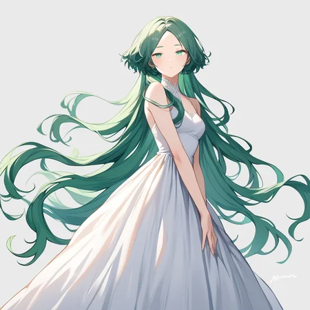 score_9, score_8_up, score_7_up, simple background, hair flowing over, 
1girl, jfcut, long hair, dress, green hair, parted bangs, 
 <lora:jellyfish_haircut_pony_v1:0.6>