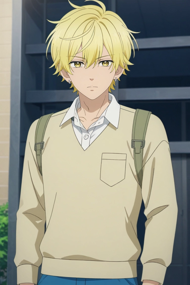 score_9, score_8_up, score_7_up, , rating_safe, , anime screencap, anime coloring, official style, , 1boy, solo, male focus, <lora:kai_miura_pony:0.92>, kai_miura, blonde hair, yellow eyes, short hair, bangs, hair between eyes, , , , , Cargo boardshorts, Harlequin LavenderGray Mesh Pique polo shirt, Loafers, ,, <lora:sdxl_lightning_8step_lora:1>