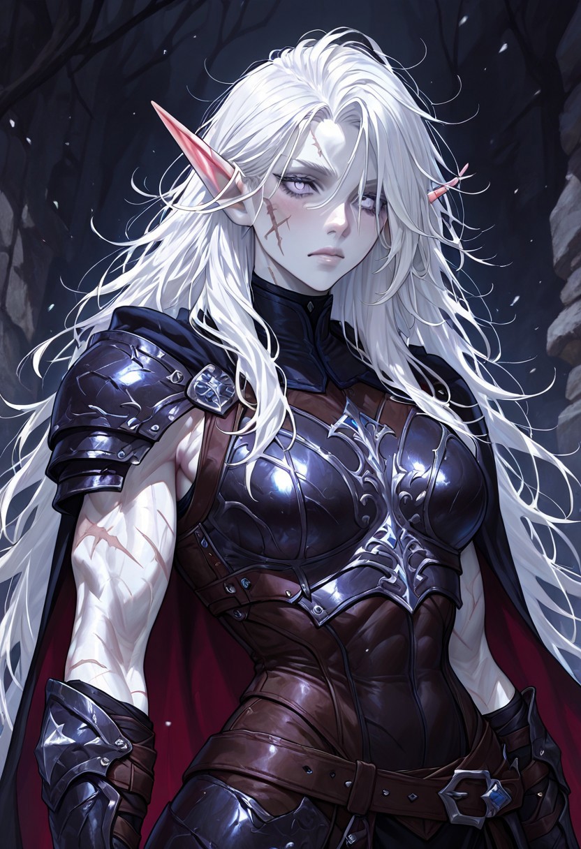 masterpiece, best quality, newest, absurdres, highres, 
HFMV1.0, 1girl, pale, white skin, colored skin, pale skin, elf, pointy ears, muscular woman, armor, cape, leather armor, scar, scars on face, white hair, long hair, messy hair,