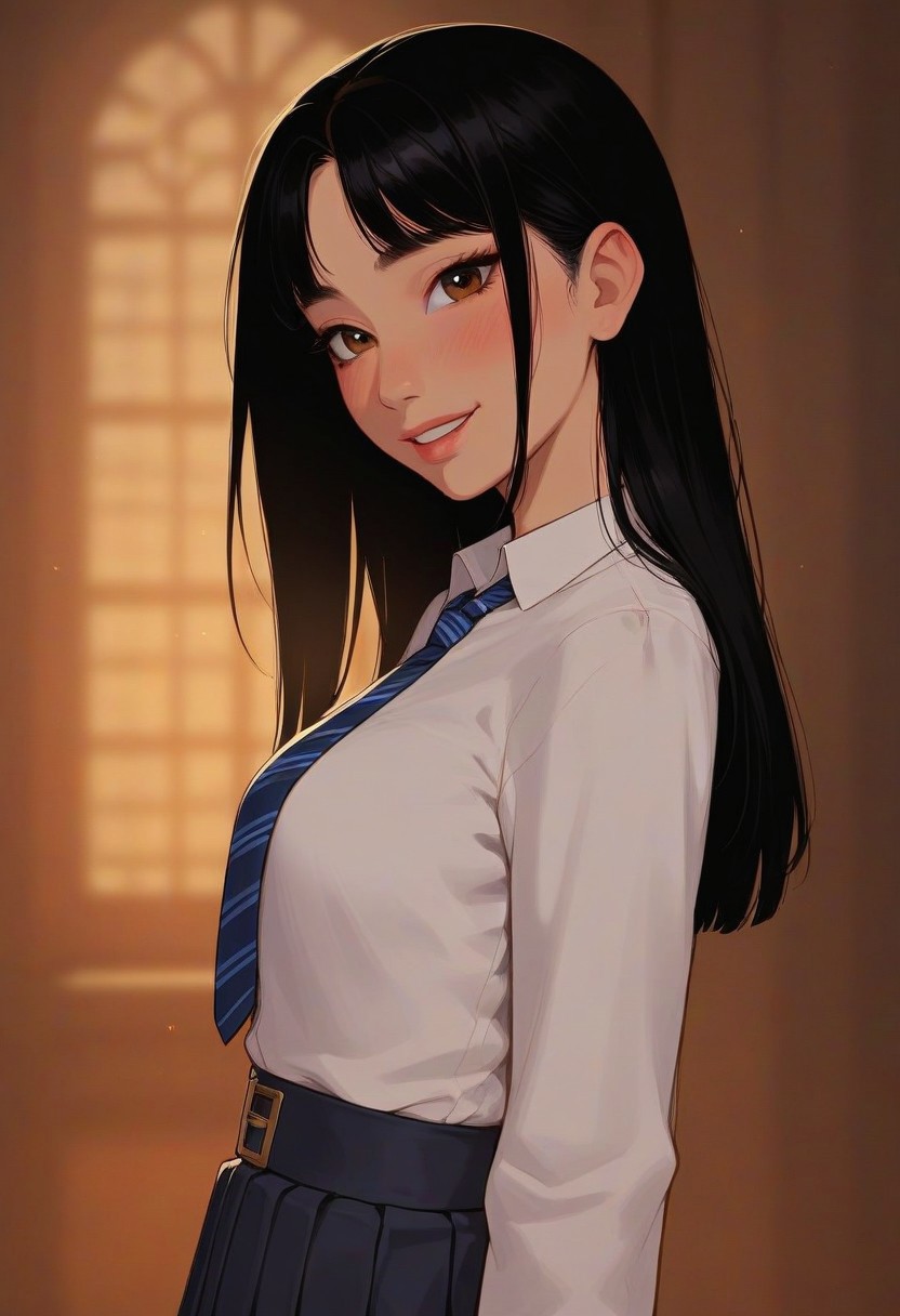 score_9, score_8_up, score_7_up, score_6_up, Expressiveh, very aesthetic, cute, sexy, hot, blush, flushed, blushing, bokeh:1.2, (Asian, small eyes, Asian ethnicity), ((gray pleated skirt, hogwarts uniform, Ravenclaw uniform, Hogwarts, Cho Chang, straight black hair, straight hair:1.2, middle part:1.2, white dress shirt, blue and silver tie:1.4, gray skirt, gray stockings, thighhighs)), (striped tie:1.3, her tie is blue and silver), belt, brown eyes, white sleeves, (long hair, waist length hair), ((black hair, straightened hair:1.4, middle parted hair)), dynamic pose, ((solo, 1girl)), slim, skinny, (smile, smiling), ((side view, from side)), ((bangs:1.4, parted bangs:1.4)),