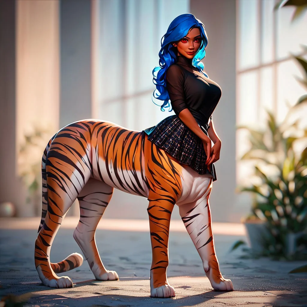 (((beautiful, high quality))), full Body, score_9, score_8_up, score_7_up,
Сentaur, Centaur tiger, 1girl, dark skin, red eyes, blue hair, black top, skirt, red tiger,
looking at the viewer, posing, blurred background,