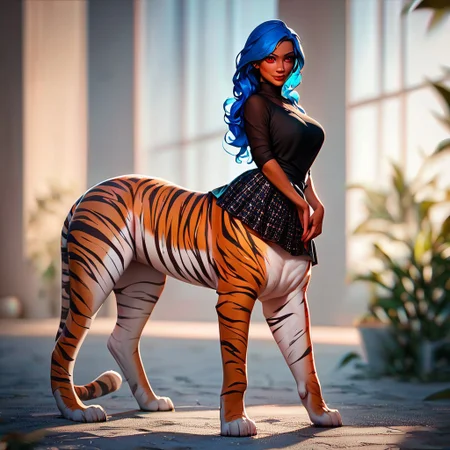 (((beautiful, high quality))), full Body, score_9, score_8_up, score_7_up,
Сentaur, Centaur tiger, 1girl, dark skin, red eyes, blue hair, black top, skirt, red tiger,
looking at the viewer, posing, blurred background,