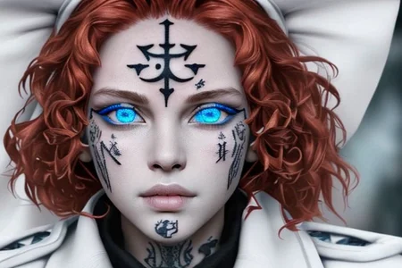 bright red hair, human female, (feminine:1.7), (beautiful face, detailed face:1.6), (beautiful eyes, detailed eyes:1.7), (looking at viewer, eye contact, intense:1.6), (long hair, red hair, curly hair:1.3), , ((masterpiece, best quality, high resolution, realistic, best quality,)), photo realistic, Perfect Face, (detailed face). <lora:GoodHands-vanilla:0.6> <lora:add-detail-xl:0.8>, mage, (Dress White military uniform coat), dagger, rune dagger, glowing runes, , (((glowing magic symbols tattoos, religious tattoos))), ((face tattoos)), glowing tattoos, stone tower in the background