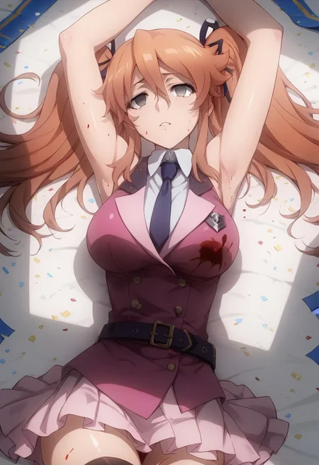 score_9,score_8_up,score_7_up, Expressiveh , source anime, shiny skin, perfect composition,
aya_sugihara, 1girl, solo, twintails, empty eyes, thighhighs, necktie, skirt, brown hair, confetti, hair ribbon, breasts, long hair, ribbon, lying, large breasts, belt, zettai ryouiki, death, corpse, blood, shot, wound, sleeveless, pink waistcoat, white collared_shirt,arms up, armpits,sweat,