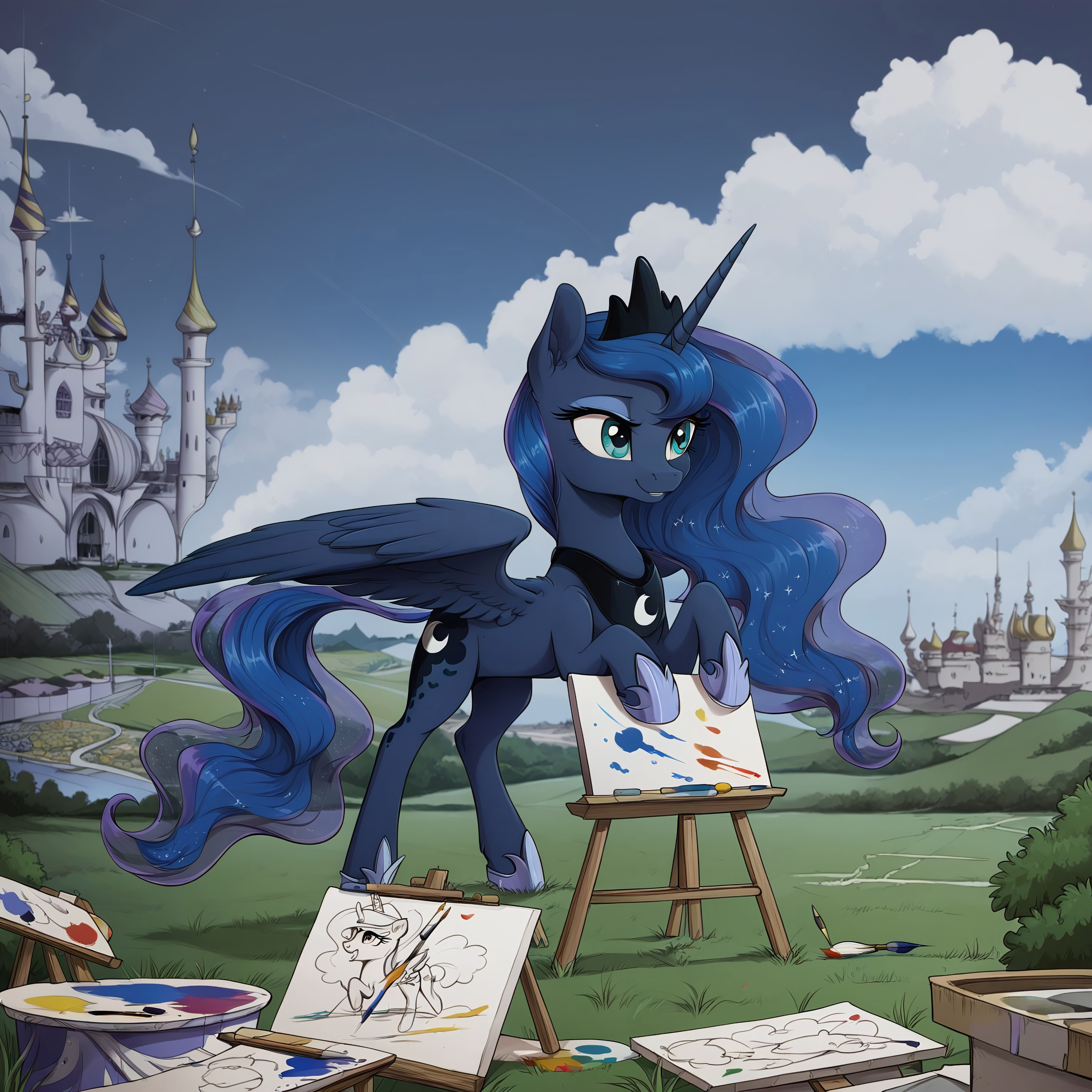 score_9, score_8_up, score_7_up, score_6_up, score_5_up, (night colors:1.1), princess luna, alicorn, pony, blue sky, bush, canterlot, canterlot castle, canvas, cloud, cloudy, drawing, easel, female, field, grass, hoof hold, hooves, horn, mare, outdoors, paint, paintbrush, painting, scenery, solo, wing hands, wings