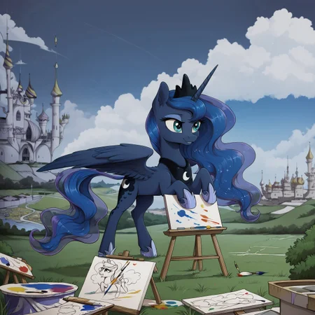 score_9, score_8_up, score_7_up, score_6_up, score_5_up, (night colors:1.1), princess luna, alicorn, pony, blue sky, bush, canterlot, canterlot castle, canvas, cloud, cloudy, drawing, easel, female, field, grass, hoof hold, hooves, horn, mare, outdoors, paint, paintbrush, painting, scenery, solo, wing hands, wings