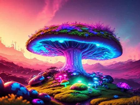 swpunk, synthwave, paint splatters, (extremely detailed 8k wallpaper), a crazy alien landscape with giant glowing mushrooms and colorful moss growing on rocks, ray tracing, detailed reflections, Intricate, High Detail, dramatic, best quality masterpiece, photorealistic, detailed, 8k, HDR, backlighting, bloom, light sparkles, chromatic aberration, sharp focus