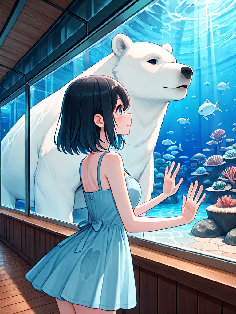 absurdres, explicit, aquarium tunnel, aquarium, polar bear swimming, gigantic animal, underwater, hands on glass, 1girl, short dress, window, reflection, hallway, wooden floor, upper body, from side, <lora:girllikedolphinunderwater_ilxl:0.8>