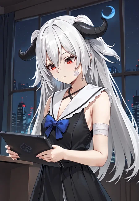 1girl, solo, solo focus, highres, absurdres, PhaseAiko, demon horns, bangs, long hair, hair between eyes, red eyes, two side up, white hair, curled horns, bandage on face, bandaid on cheek,
black dress, white sailor collar, blue bow, sleeveless shirt, criss-cross halter,
holding tablet pc, looking down, closed mouth, from side,
office, window, cityscape, neon lights, dark, very dark, night, night sky, backlighting, silhouette,
