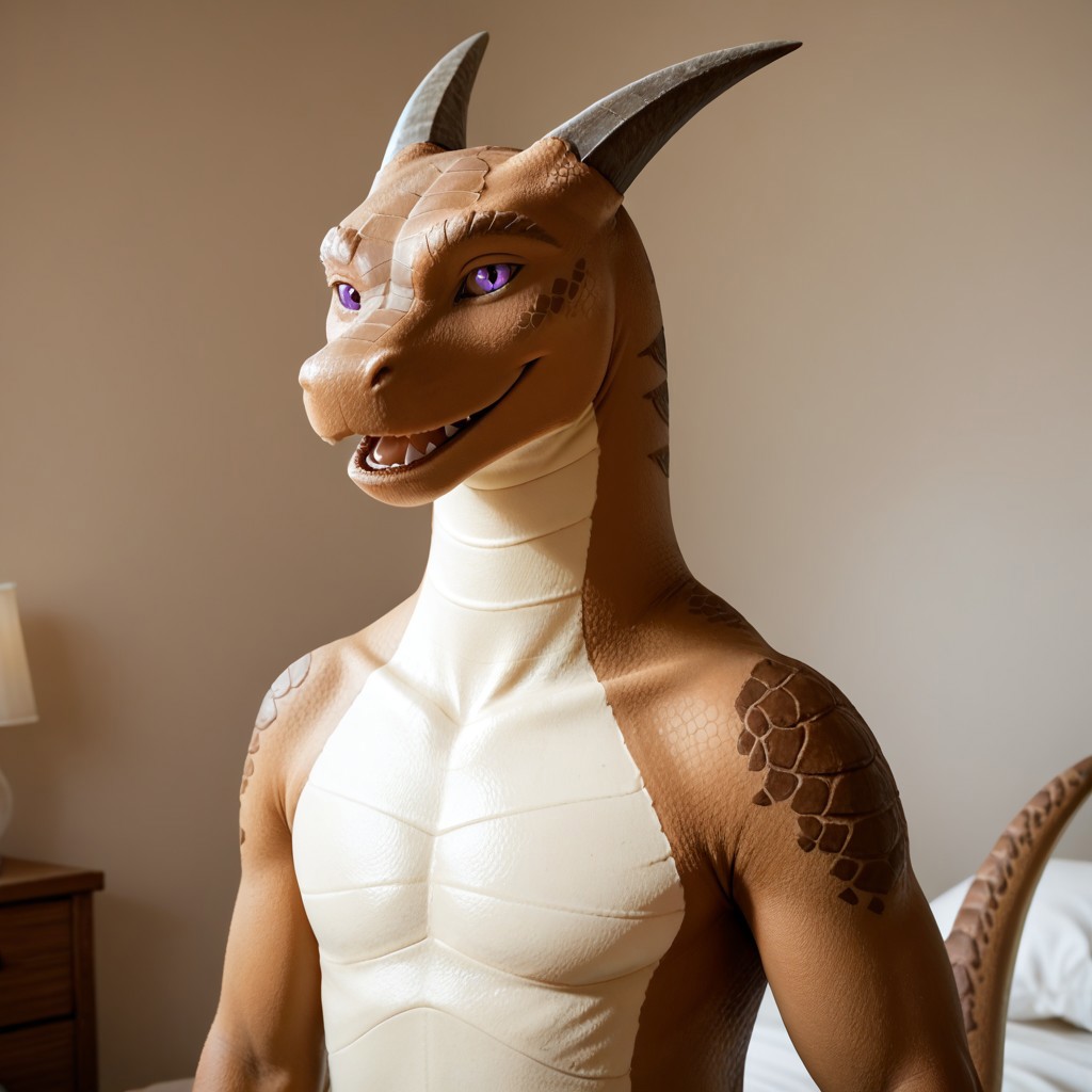 score_9, score_8_up, score_7_up, score_6_up, score_5_up, score_4_up, masterpiece, high quality, realistic, detailed, best quality, solo, rating_safe, source_furry, bedroom, open mouth smile, (looking at viewer), standing, bipedal, detailed eyes, feral, Sebastian_awsw, brown scales, horns, white underbelly, dragon, tail, scales, claws, purple eyes, male, 1boy, (upper body, close up)
