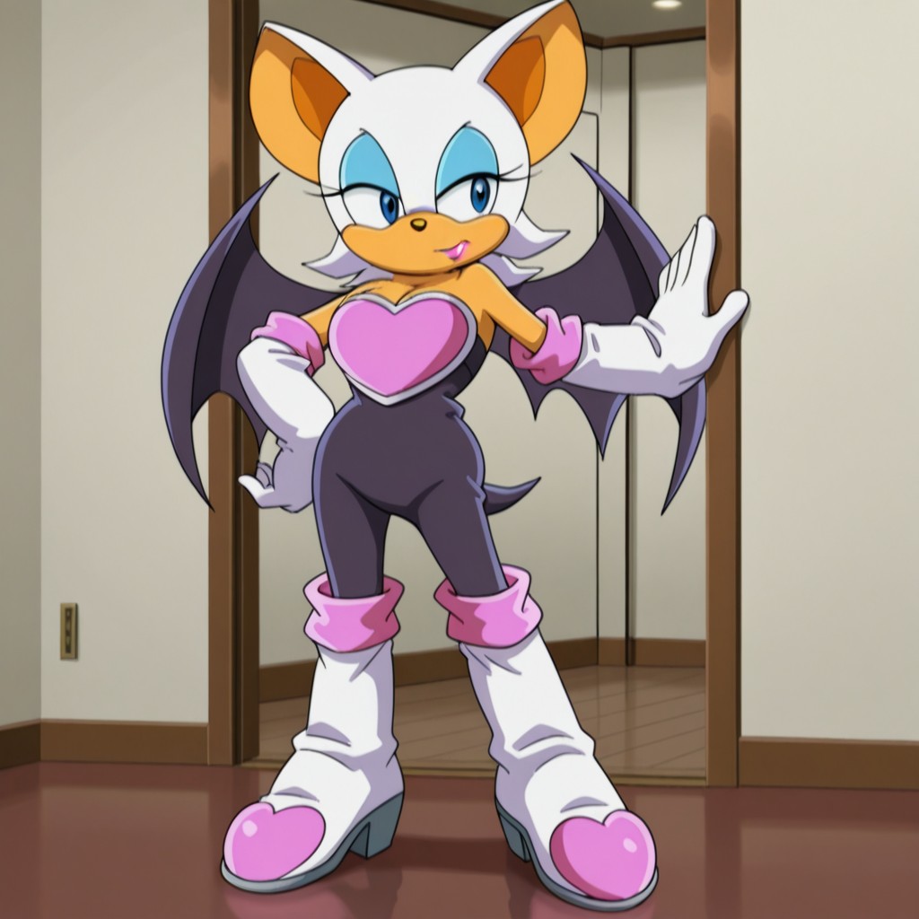 masterpiece, best quality, amazing quality, RougeSXil, anthro, female, bat, white head fur, tan skin,  blue-green eyes, tail, dark purple wings, blue eyeshadow, pink lipstick, black sleeveless bodysuit, pink heart-shaped chestplate, long white gloves, white high-heeled boots, standing inside, hand on hip, solo, full body, <lora:52140eb3-b09d-4035-ac1a-c3a6bd71ddfa:1.0>
