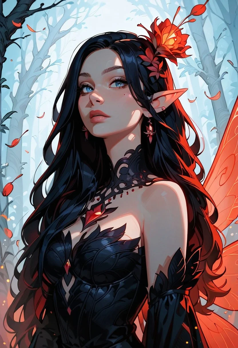 score_9,score_8_up,score_8,score_9,
(((pastel colors, high contrast, expressiveh))),
((1girl, fantasy setting, fairy girl, small extra miniature body,wings are fire and ether twisted together, (hair is black with fire-red or dust-white strands:1.0), wavy long hair, eyes(ember color with fire aspect:1.0), skin color(pale-gold with light dust contrust), light clothes(black and firy red colors, with feathers), mischevious expression)),
overflow, night forest,
outdoors, fairy forest background