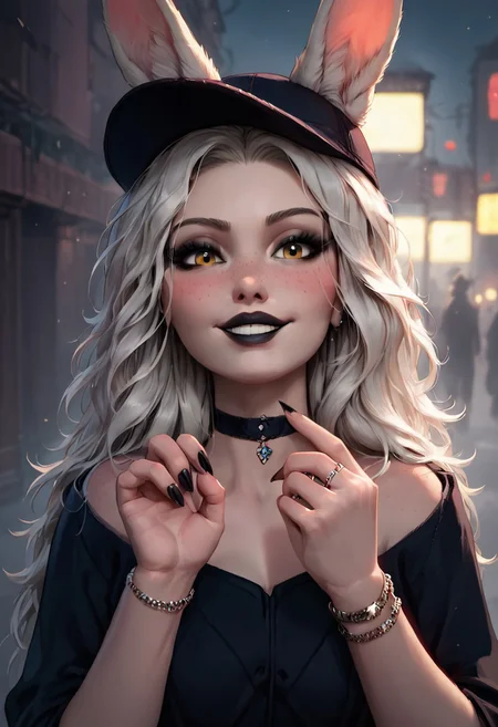 score_9, score_8_up, score_7_up, score_6_up, score_5_up, score_4_up, rating_explicit, 1girl, mischievous, Flora Heloise Daisy, fit woman, rabbit ears, rabbit tail, rabbit feet, 29 year old, face focus, blush, platinum blonde hair, beautiful face, bangs, ((Luscious hair, flowing hair, soft hair, full hair):1.2), black chocker, yellow eyes, toned, slender, perfect big saggy breasts, freckles, nice butt, wide hips, thick thighs, ((detailed fluffy fur, realistic fur, soft fur, fluffy fur, realistic lighting, natural lighting, soft lighting, subsurface scattering,):1.3), beautiful, (hazel eyes), detailed face, realistic face, make up, black lipstick,long nails, black nails, black eyes, sm eyeshadow, long eyelashes, eyeliner,full lips, close up on face, face close up, choker, rings, bracelet, perfect hands, seductive smile, great view,pose,
Break
Baseball cap, black hoodie, long skirt, smiling
Break
City streets, winter, paw pose, crouching, glowing, neon