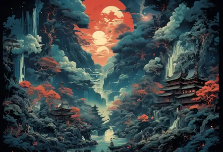 Anime illustration inspired by the four elements of nature, reminiscent of the style of James Jean, the iconic Goku from Dragon Ball navigates a port city setting, depicted in a poster format akin to the detailed atmospheric portraits of John Pitre, combining elements of deathcore and biopunk horror art. The dark and intricate scene unfolds with unique illustrations and precisionist oil painting techniques, incorporating airbrushed mystical landscapes and intricate psychedelic details, all in a palette of dark azure and red, evoking a witchcore aesthetic.