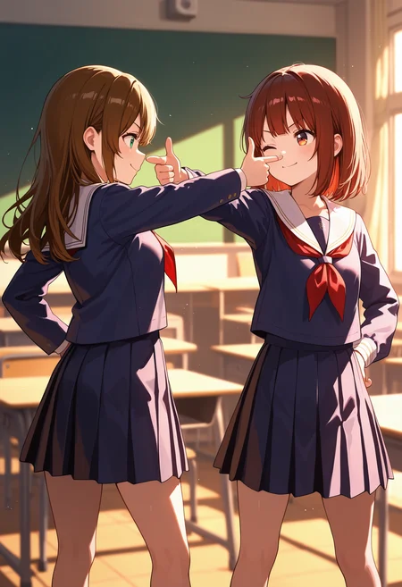 masterpiece, best quality, absurdres, safe
2girls, mexican standoff, finger gun, smile, classroom
<lora:mexican_standoff_il_2_d16:1>