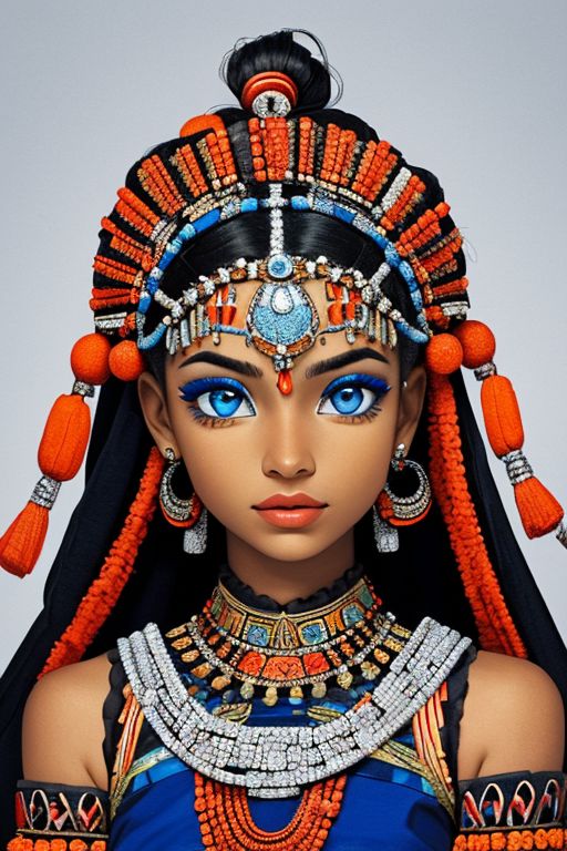 close-up photographic portrait of woman with strikingly vibrant blue-silver eyes. Supe shoulders showing. The face should, intricate, tribal-inspired art, patterns, reminiscent of beadwork and ceremonial embellishments, scheme, rich reds, oranges, blues --ar 2:3