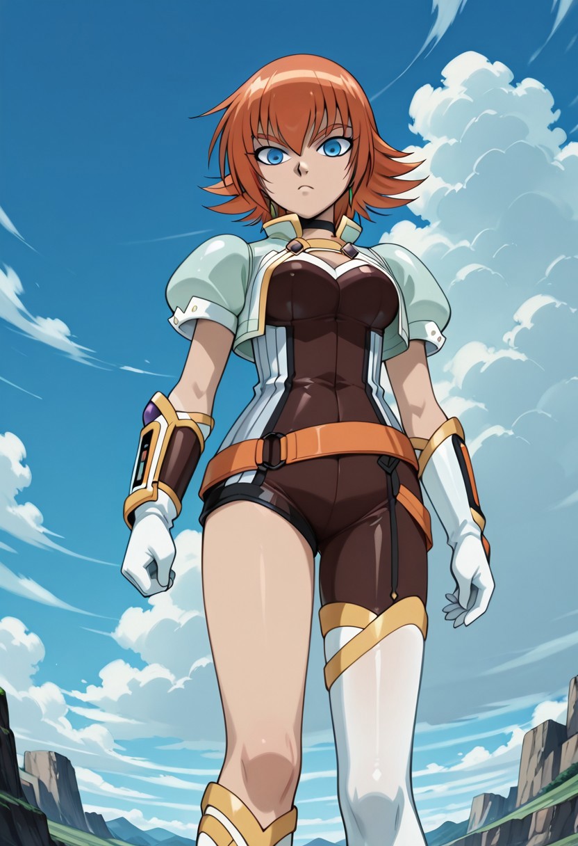 score 9, score 8 up, score 7 up, anime screencap, anime art style, bakugan, bakugan new vestroia, mira clay, 1girl, solo, blue eyes, gloves, orange hair, cloud, short hair,single stocking, sky, day, open mouthanime  one leg exposed, asymmetric outfit, one leg bare, unbalanced clothing, leg exposure on one side