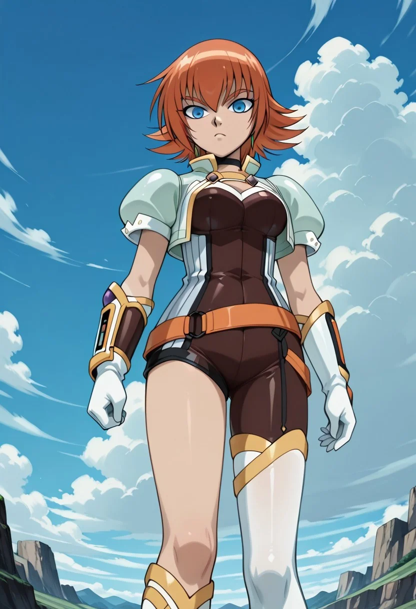 score 9, score 8 up, score 7 up, anime screencap, anime art style, bakugan, bakugan new vestroia, mira clay, 1girl, solo, blue eyes, gloves, orange hair, cloud, short hair,single stocking, sky, day, open mouthanime one leg exposed, asymmetric outfit, one leg bare, unbalanced clothing, leg exposure on one side