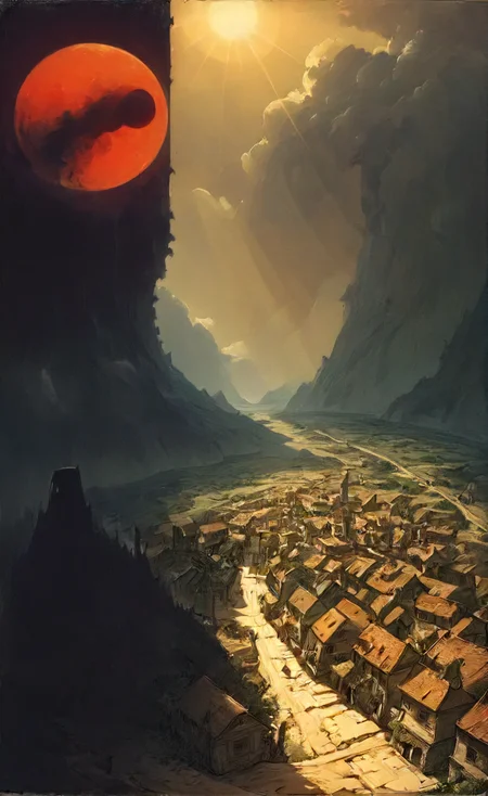 studio ghibli, infuriating puzzle,  darkest small necropolis night of the envy sitting hiding tiny dead wast (landscape:1.1), moon, eclipse, fog, BREAK lovely day of the happy living thriving busy (village:1.1) city, sun, god-rays, highly detailed, landscape, panorama, wide-angle, moody, atmospheric, masterpiece, high resolution, hdr, 8k, composition, shadows, clouds, (complex:1.2), (intricate:1.1),  <lora:- SDXL - vanta-black_contrast_V3.0:0.7>, <lora:- SDXL - otclillsn_impossible_geo_V1.0:0.7>, <lora:dfantasy:0.8>, <lora:The_Simplest:0.8>, <lora:DonMP41n717Bl4ckXL:0.4>, <lora:SDXL - Style - EldritchRomanceIllustration1.3.1:0.4>, <lora:artfullyECHELIER_SDXL_V1:0.4>