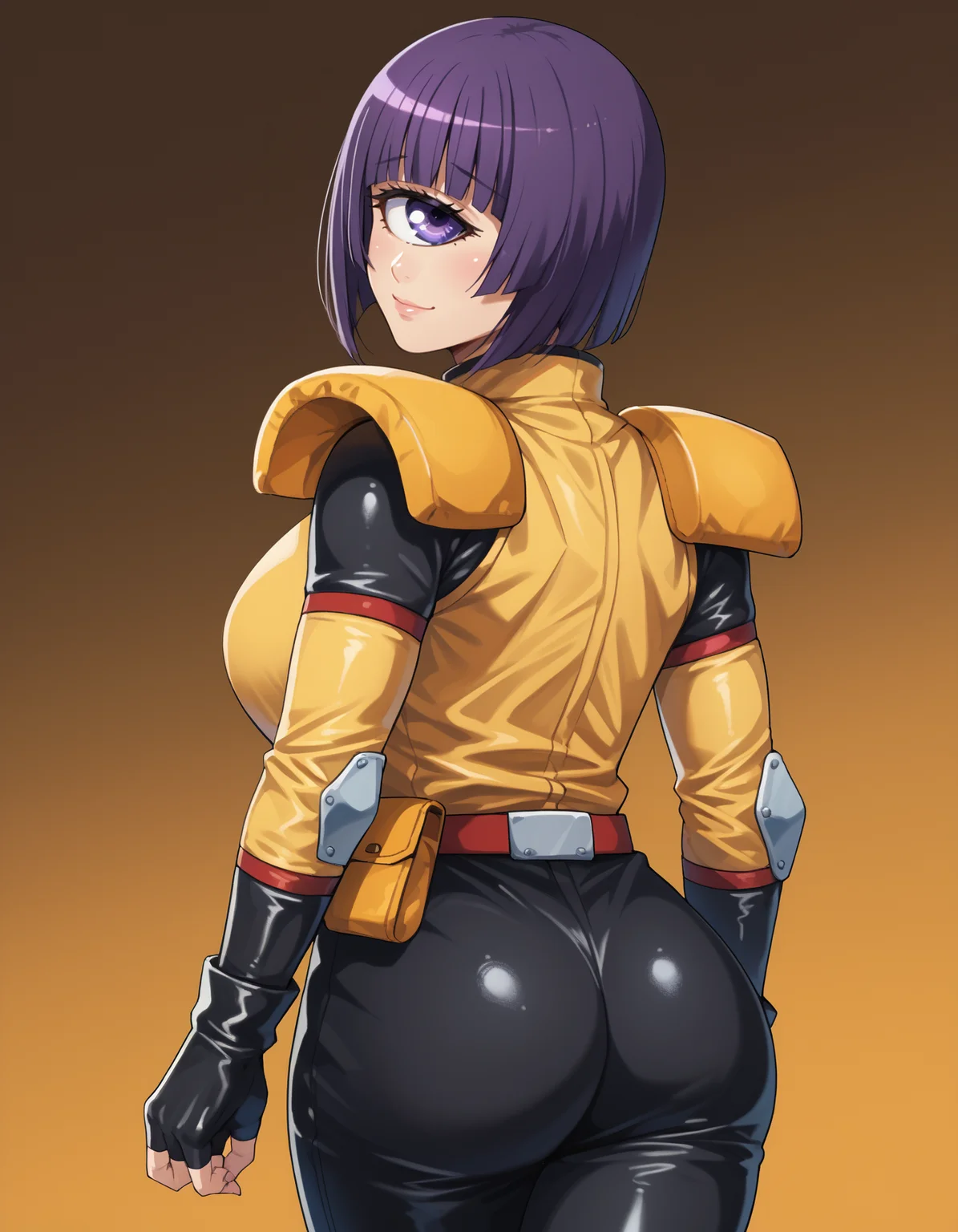 score_9, score_8_up, score_7_up,score_6_up source_anime, 1girl,huge breasts,wide hips,thick thighs,smile,huge ass,from behind
manakobaf, 1girl, cyclops, purple hair, purple eyes, fingerless gloves, short hair, belt, blunt bangs, looking at viewer, shoulder pads, monster girl, black and yellow bodysuit,black pants,knee pads,
<lora:manako-koto-PonyXL 2:1>