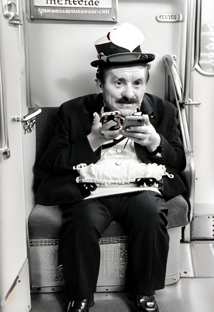 (((black and white, legsonthetra1n, from front, sitting across from viewer, train interior, holding phone, leg focus))),((small man with mustache, top hat, kenbis, chibi, chibi, male only, male, male chibi, monocle, art deco, thick mustache, comically large mustache, handlebar mustache, tiny, multiple men, shrunk, microxl, some little guys,  high angle, from above)), bwMovies, realistic, photo, vintage photo, ((very small man, small man, a small man, a man who is small, a small man)), an unapologetically small human male, black and white, smiling, very happy, euphoric, ecstatic, wonderful small men, large smile, huge smile