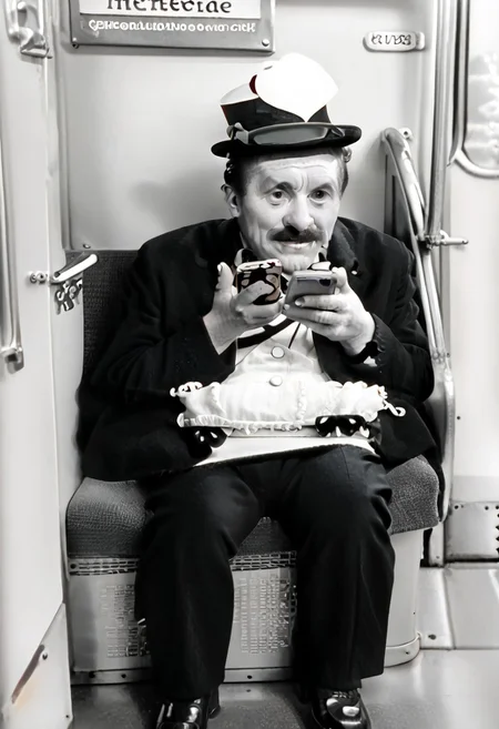 (((black and white, legsonthetra1n, from front, sitting across from viewer, train interior, holding phone, leg focus))),((small man with mustache, top hat, kenbis, chibi, chibi, male only, male, male chibi, monocle, art deco, thick mustache, comically large mustache, handlebar mustache, tiny, multiple men, shrunk, microxl, some little guys, high angle, from above)), bwMovies, realistic, photo, vintage photo, ((very small man, small man, a small man, a man who is small, a small man)), an unapologetically small human male, black and white, smiling, very happy, euphoric, ecstatic, wonderful small men, large smile, huge smile