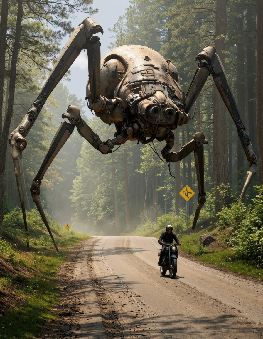 Art by Col Price. A digital illustration shoot from below about a large, humanoid robot resembling a spider, standing on a dirt road in a dense forest. the image also shows a motorcyclist riding alongside the robot. on the middle of the image, a person wearing a helmet and riding a motorbike appears to be in a distance to the camera. the robot has a humanoid shape with a long, slender body and multiple legs, and its body is made up of various mechanical components, including mechanical parts, cables, and other mechanical components. it is standing on the road, with the motorbike in front of it. the background features dense greenery and a hazy, misty atmosphere, with a yellow signboard visible in the distance. the overall aesthetic is reminiscent of sci-fi and modern technology.