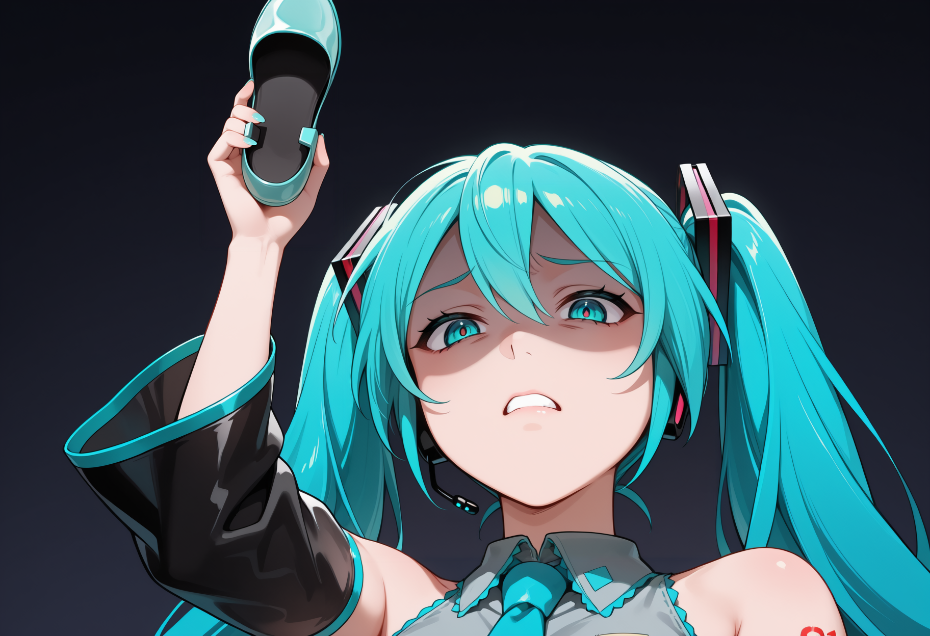 arm up, holding sandal, hatsune miku, aqua hair, aqua eyes, bare shoulders, detached sleeves, grey shirt, upper body, close-up, from below, shaded face, disgust, <lora:asmr_beating-08-NOOB-EPS1.1:1>