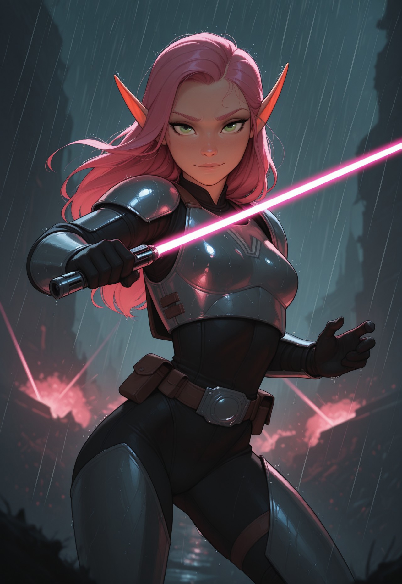 masterpiece, best quality, amazing quality, very aesthetic, DISNEY_ANIMATION, incoth, (incase:0.6), female, solo, (depth of field), outoors, sci-fi, futuristic, raining, battlefield,

elf, pink hair, green eyes, cute face, slim, small breasts, long hair swept to one side, beautiful, kawaii, (short ears), serene expression,

mandalorian armor, sleek purple lightsaber,

standing, dynamic pose, battle stance, looking at viewer, laser shots in the air, battle, explosions, laser shots,