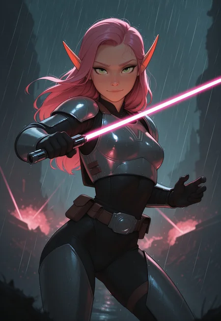 masterpiece, best quality, amazing quality, very aesthetic, DISNEY_ANIMATION, incoth, (incase:0.6), female, solo, (depth of field), outoors, sci-fi, futuristic, raining, battlefield,

elf, pink hair, green eyes, cute face, slim, small breasts, long hair swept to one side, beautiful, kawaii, (short ears), serene expression,

mandalorian armor, sleek purple lightsaber,

standing, dynamic pose, battle stance, looking at viewer, laser shots in the air, battle, explosions, laser shots,