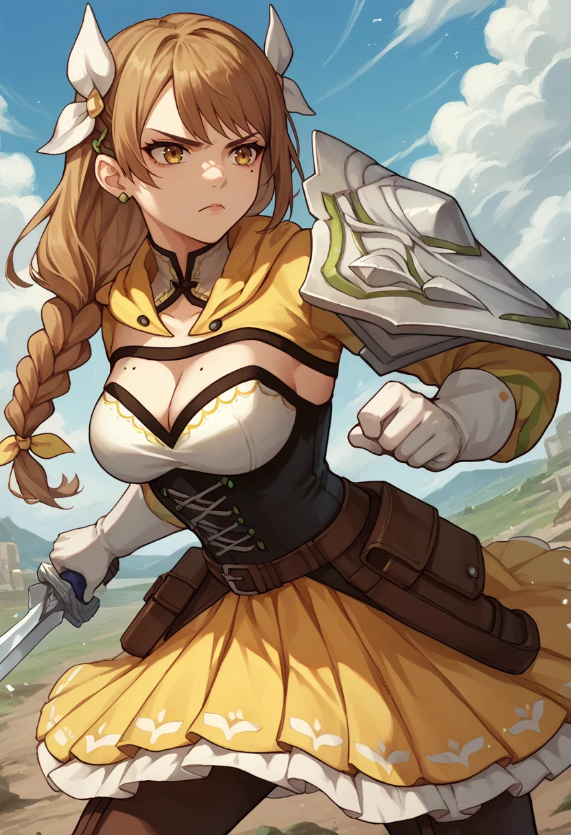 score_9, score_8_up, score_7_up, source_anime, 1girl, solo, serious, fighting stance, <lora:GoldmaryFE-pdxl:1> defGoldmary, long hair, braid, hair ribbon, black corset, cleavage, mole on breast, white gloves, yellow skirt, pantyhose, shoulder armor, single pauldron, holding sword, battlefield, sky