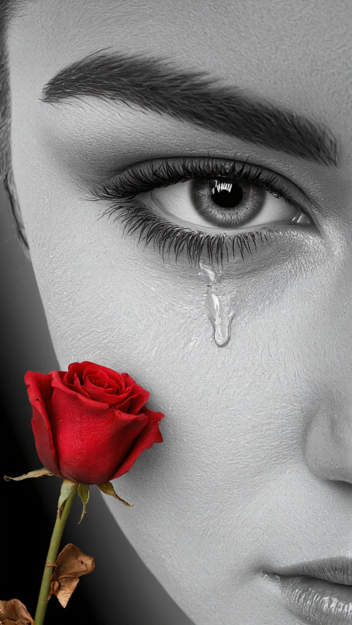 artwork featuring a highly detailed, realistic close-up of a human eye. The eye is depicted in grayscale with intricate shading and textures that mimic the appearance of actual human skin and eyelashes. The eye is teary, with a single tear rolling down the cheek, adding a sense of emotional depth to the composition. The tear is rendered in a smooth, glossy texture that contrasts with the rougher texture of the skin.In the foreground, there is a single, vivid red rose with a few dried leaves at its base. The rose is positioned slightly off-center to the left, adding a dramatic and striking contrast to the grayscale background. The petals of the rose are soft and delicate, with a slightly wrinkled texture, and the stem is slightly bent, giving it a natural, lifelike appearance.The background is a gradient of shades of gray, which helps to emphasize the tear and the rose, making them the focal points of the image. The overall style is realistic with a touch of hyperrealism, capturing the fine details of both the eye and the rose, creating a poignant and emotionally charged scene. ,aidmaimageupgrader, aidmaMJ6.1 <lora:aidmaMJ6.1-FLUX-v0.5:0.7> <lora:aidmaImageUprader-FLUX-v0.3:0.4>
