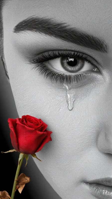 artwork featuring a highly detailed, realistic close-up of a human eye. The eye is depicted in grayscale with intricate shading and textures that mimic the appearance of actual human skin and eyelashes. The eye is teary, with a single tear rolling down the cheek, adding a sense of emotional depth to the composition. The tear is rendered in a smooth, glossy texture that contrasts with the rougher texture of the skin.In the foreground, there is a single, vivid red rose with a few dried leaves at its base. The rose is positioned slightly off-center to the left, adding a dramatic and striking contrast to the grayscale background. The petals of the rose are soft and delicate, with a slightly wrinkled texture, and the stem is slightly bent, giving it a natural, lifelike appearance.The background is a gradient of shades of gray, which helps to emphasize the tear and the rose, making them the focal points of the image. The overall style is realistic with a touch of hyperrealism, capturing the fine details of both the eye and the rose, creating a poignant and emotionally charged scene. ,aidmaimageupgrader, aidmaMJ6.1 <lora:aidmaMJ6.1-FLUX-v0.5:0.7> <lora:aidmaImageUprader-FLUX-v0.3:0.4>